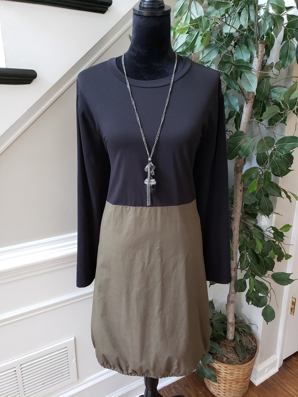 Modern Miss Tunic Dress Women XL Green Black Cotton Casual Long Sleeve Crew Neck